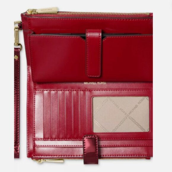 Michael Kors Jet Set MK Facet Logo Embossed Specchio Double Zip Wristlet DeepRED - Picture 3 of 6